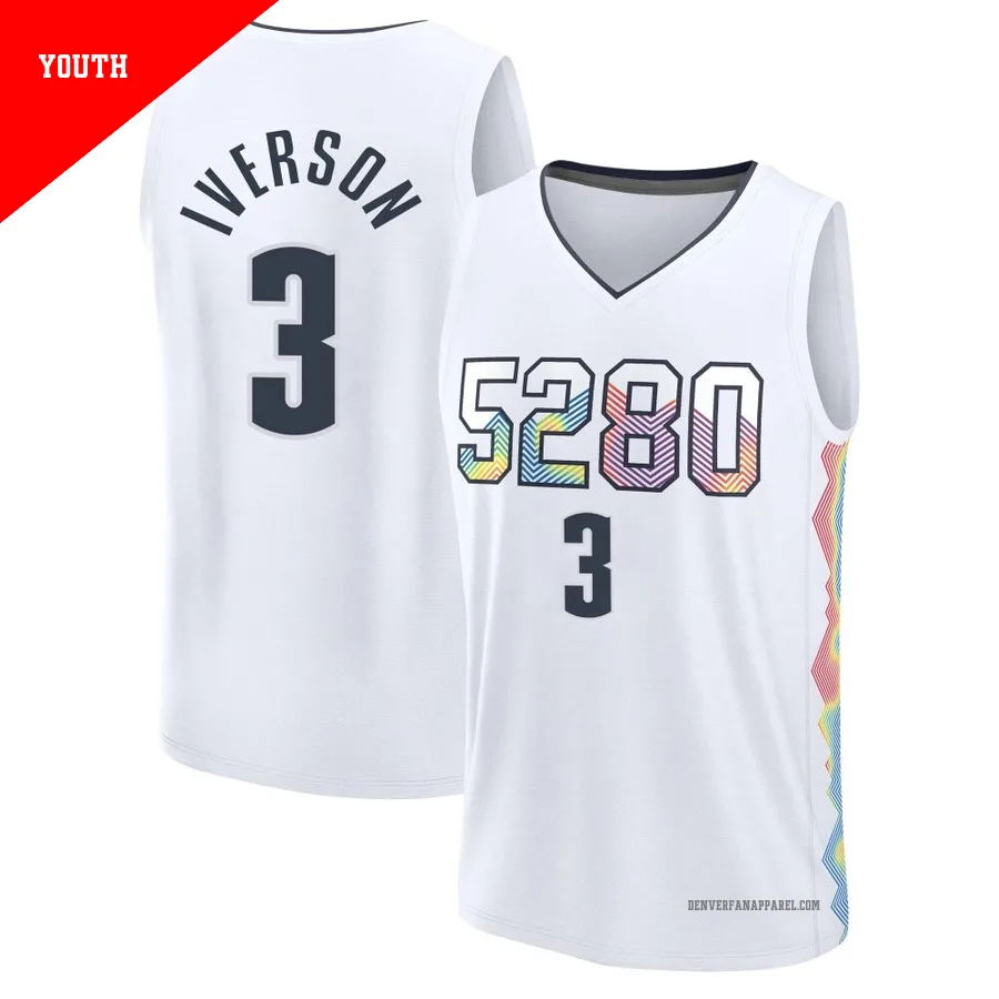 Allen Iverson ＃3 Youth 2024/25 Denver Nuggets White Fast Break City Edition Jersey